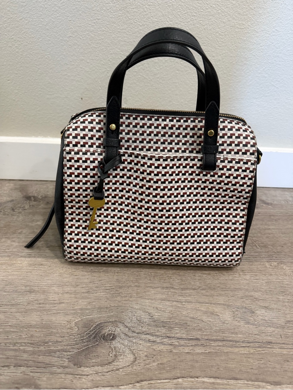 Fossil Black, White and Brown Woven Satchel